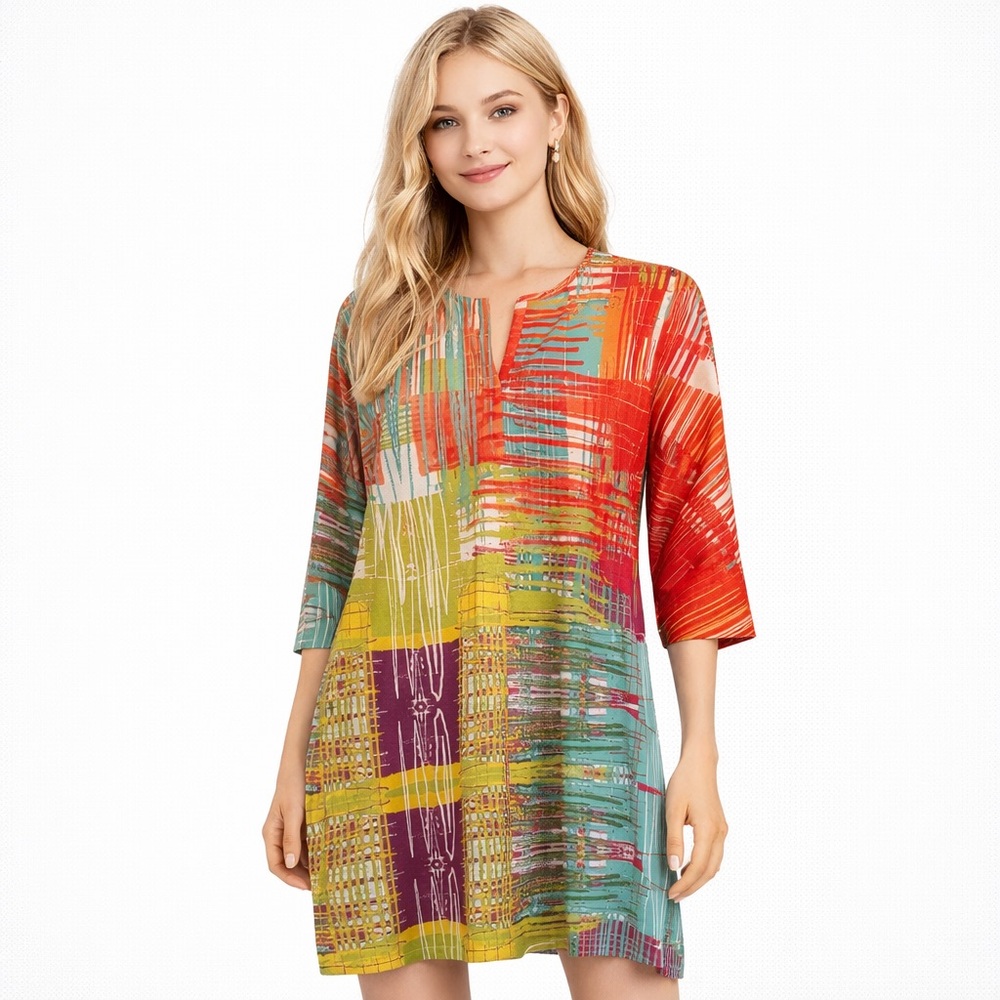 Atelier5 Artistic Multicolor Abstract Print V-Neck Tunic Dress M